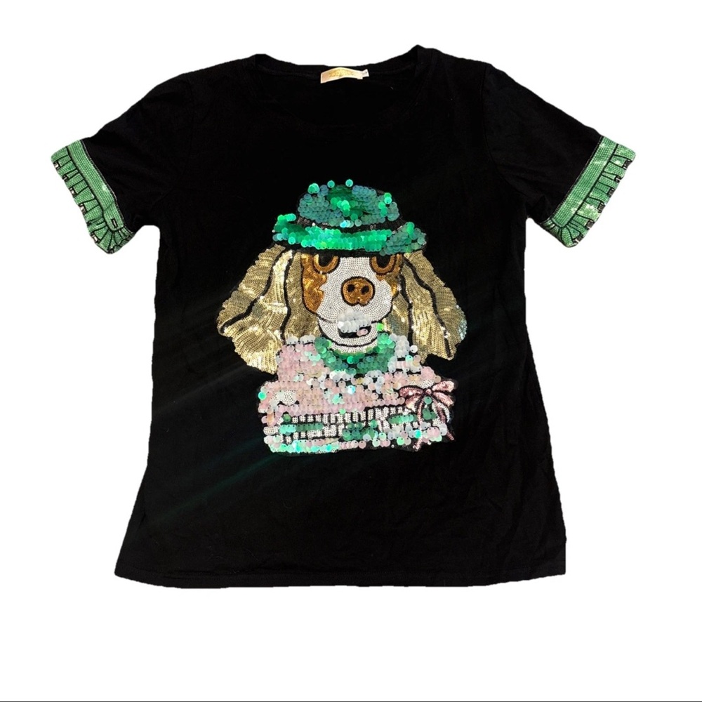 Yativi Women’s Embroidered Black j'aime mon chien sequined dog motif Blouse L